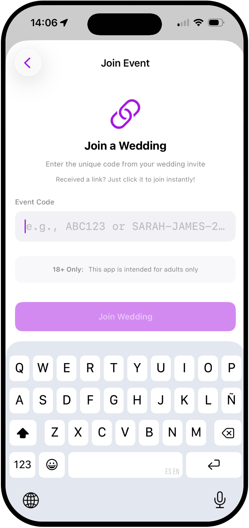 Konfetti app: join a wedding with a code